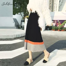 Faahion пэчворк Весенняя женская Элегантная трикотажная плиссированная пикантная юбка средней длины эластичная юбка с высокой талией Новинка