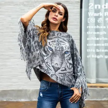 

European And American Cloak Pullover Sweater Autumn And Winter Tiger Female Tassel Knitting Irregular Shawl