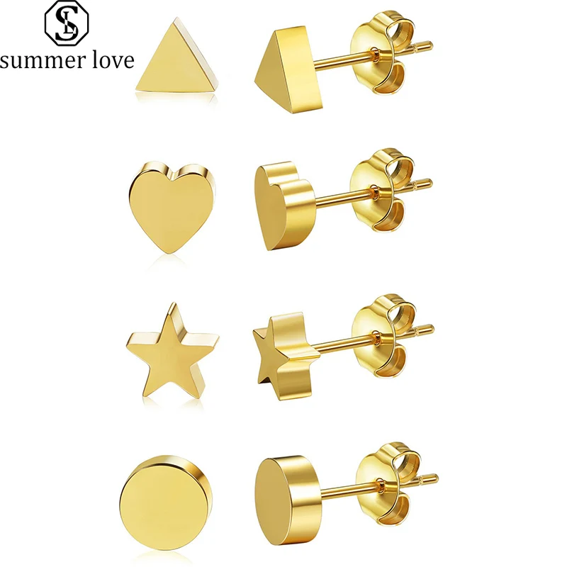 Korean Cute Mini Gold Stainless Steel Earrings Fashion Rose Flower Cross Star Heart Stud Earrings for Women Small Stud Jewelry