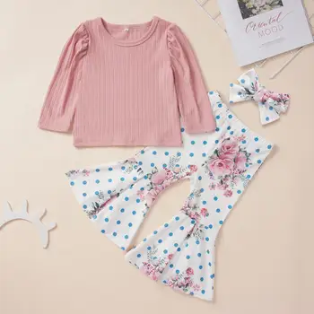 

Infant Baby Girls Spring Autumn Long Sleeve Tops Polka Dot Print Bell-bottomed Pants Headbands Outfits Kids Sweet Set Clothes