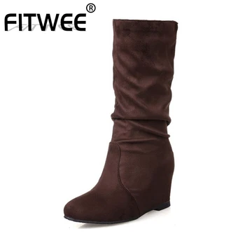 

FITWEE Women Slip On Wedges Winter Mid Calf Boots Pointed Toe High Heels Warm Short Boots Party Shoes Women Size 34-43