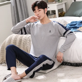 

New 2020 Spring Men Pajamas long Sleeve Male Pajama Set Men Pure Full Cotton Pajamas For Men Sleepwear Suit homewear 3XL