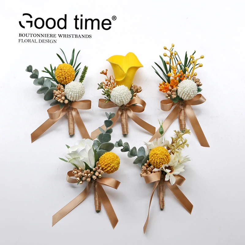 Silk Boutonniere Flowers Silk Wrist Corsage Pin Yellow Boutonniere