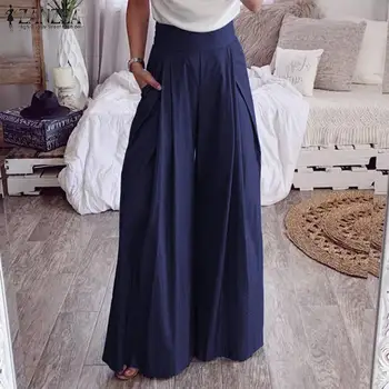 

ZANZEA 2020 Women High Waist Wide Leg Pants Long Trousers Back Zip Pockets Pantalones Femme Office Work Chic Bottoms Streetwear
