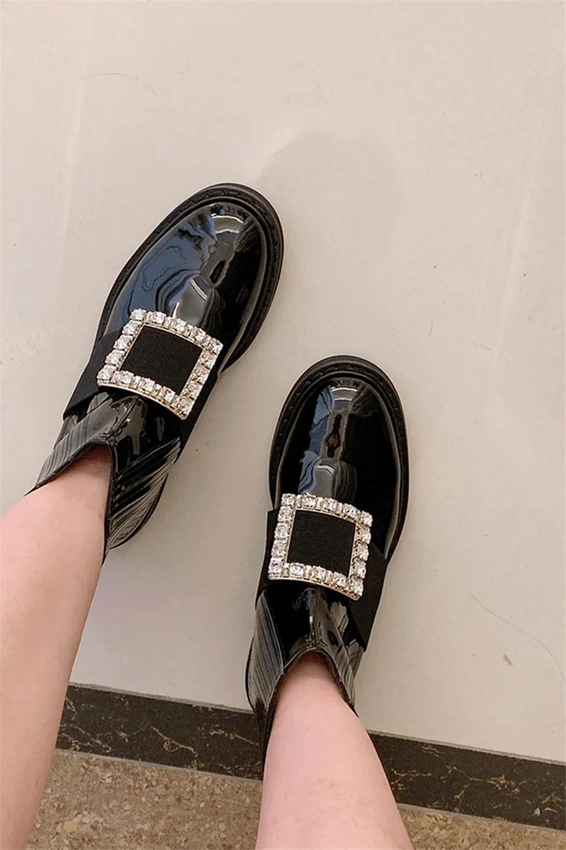Plus Size 34-40 Women Ankle Boots Punk Crystal Buckle Western Boots Shoes Woman Fashion Patent Leather Ladies Motorcycle Boots (2)