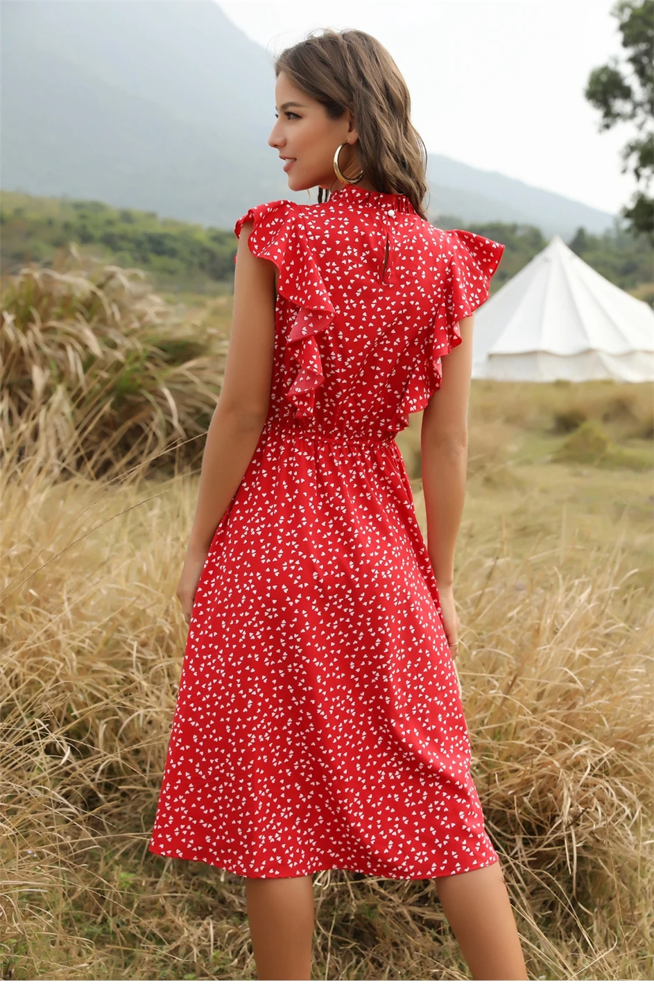 Sexy Bohemian Summer Dress Women Dot Print Dress Women Casual Butterfly Sleeve Ruffles Medium Long Chiffon Dresses Vestidos