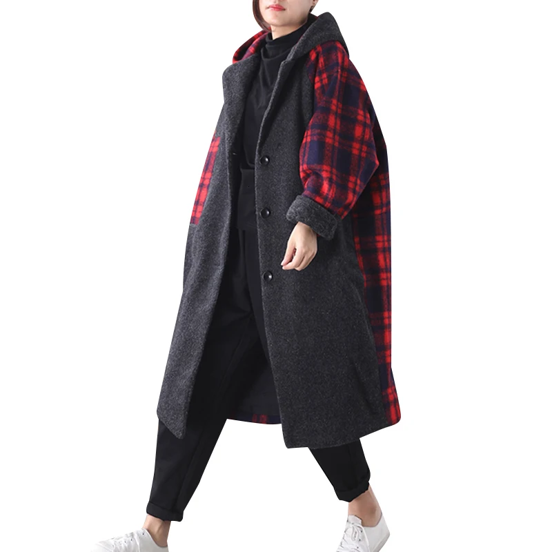 CHICEVER Plaid Hit Color Autumn Winter Coat Women Hooded Long Sleeve Oversize Casual Warm Coats Female 2020 Fashion New Clothes