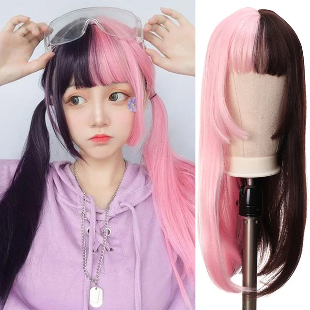 Mstn Pink And Black Long Straight Fake With Bangs Hair Ombre Color Synthetic Hair Wig Cosplay Lolita Daily Wig For Women Wigs Aliexpress