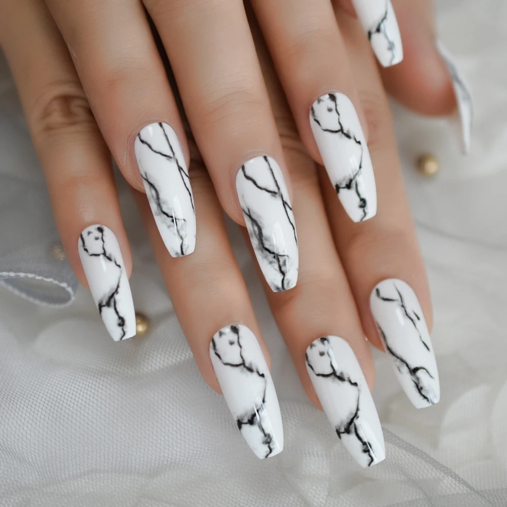 White Black Gradient Marble Press on False Nails Extra Long Ballerina Coffin UV Gel Glue On Fake Fi