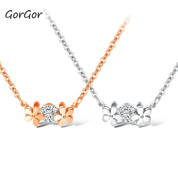 

GorGor Women Necklace Cubix Zirconia Mosaic Floral Shape Pendant Titanium Steel Chain Sweet Ladies Fashion Accessories 1398