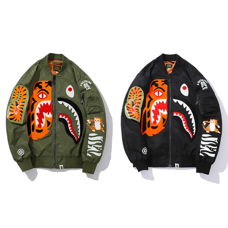 BAPE Winter Shark Head Tiger Embroidery Co Branded Jacket Zipper Man Woman Harajuku Hip Hop Loose Coat Outer Wear Overcoat | Мужская