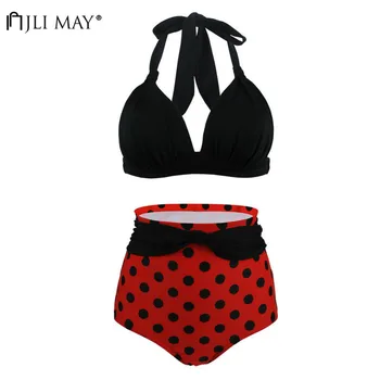 

JLI MAY Retro Black Dot Bikini Sets Women Sexy High Waist Wire Free Push Up Swimwear Bowknot Halter Backless Swimsuit Plus Size
