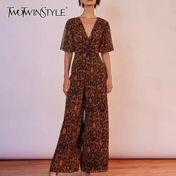

TWOTWINSTYLE Print Hit Color Jumpsuit Female V Neck Ruffle Sleeve High Waist Loose Jumpsuits For Women 2020 Fashion Clothing New