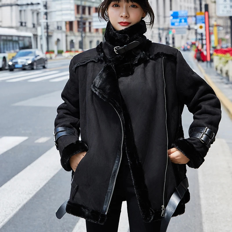 Зимнее пальто женское короткое свободное из овчины мех замша байкерская куртка толстый теплый черный с поясом мотоциклетная Женская куртка на меху - Цвет: Черный