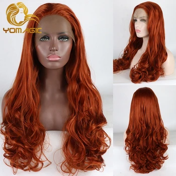 

Yomagic Dark Orange Color Lace Front Synthetic Hair Wigs for Women Long Body Wave Glueless Lace Wig Nautral Hairline