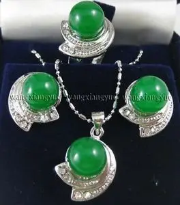 

Green Jade Earrings Ring & Necklace Pendant Set AAA+