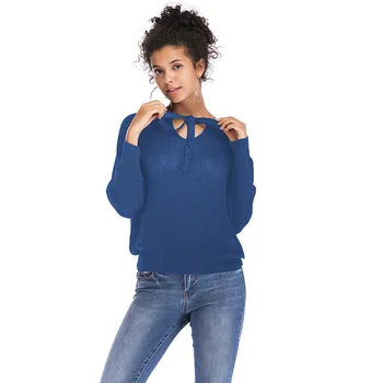 

Autumn Two-Sided Wear Bow Casual Tops Lady Lace up Loose Sweater Thin Knitwear Pullovers Female V-neck Batwing Sleeve Black Blue