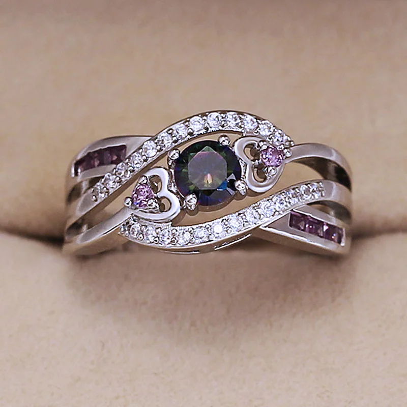 

USTAR Purple Cubic Zirconia women rings for wedding engagement jewelry shiny CZ crystals Heart Silver rings female anel bijoux