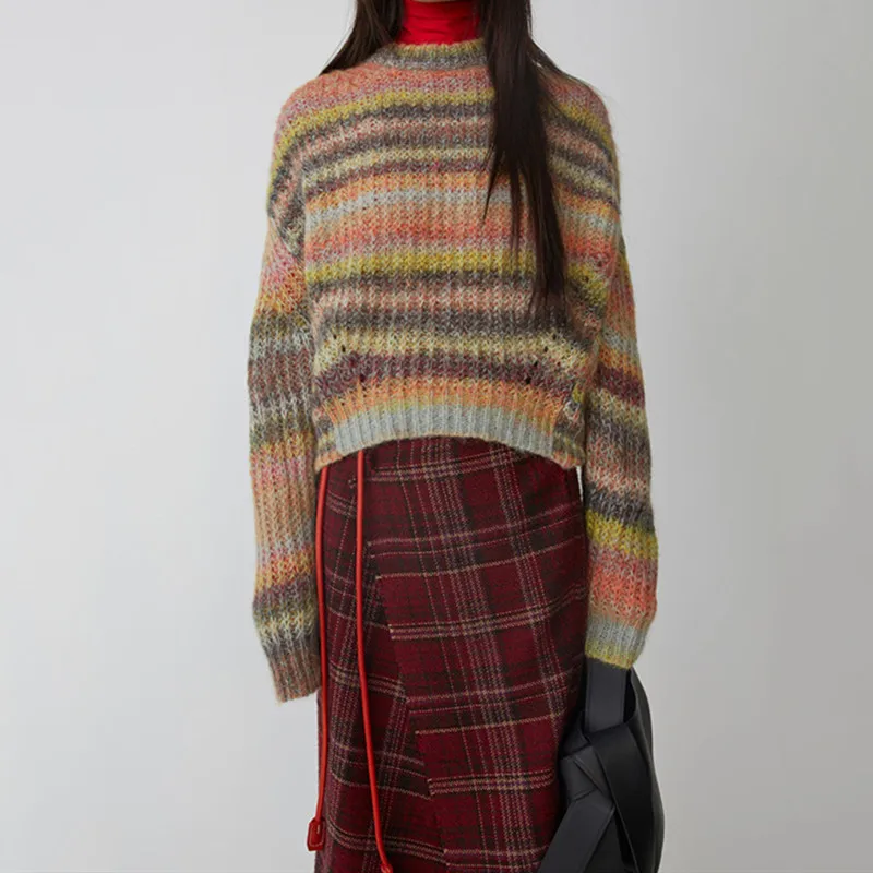 

New Autumn Winter Women's classic knitted sweater rainbow striped ladies pullover long sleeve tops mohair blend knitwear