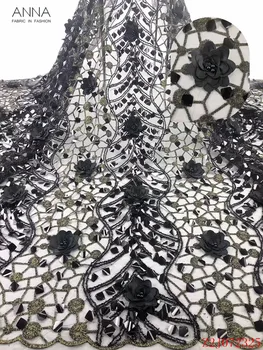 

Anna black african 3d applique lace french sequins fabric embroidered with beads 5 yards/piece nigerian net laces tulle fabrics