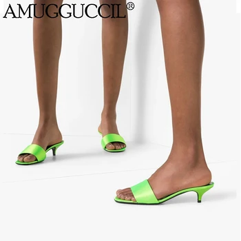

2020 New Plus Big Size 31-45 Fluorescent green Fashion Sexy Mid Heel Female Ladies Women Summer Sandals Slippers L1276