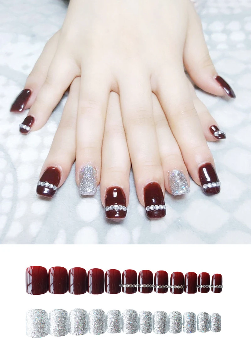 24pcs Red Color nail tips Silver Nail Dip Powder press on Nails Diamond  Short Round Full Cover artificial nails with Glue - AliExpress Beauty &  Health