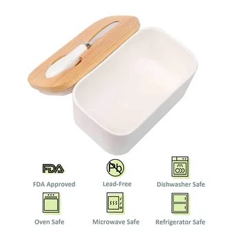 

1pc Porcelain Butter Dish Large Butter Keeper Container With Wooden Lid And Steel Knife, Butter Holder In Kitchen Keep Butter