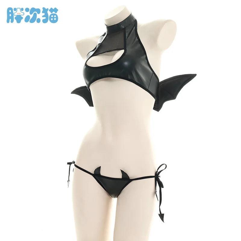 Japanese Womens Devil Cosplay Costumes Sexy Hollow Out Tank with Wings Punk Lolita Anime Bikini Set Anime Lingerie