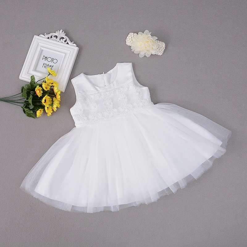 Платье для девочек на первый день рождения с лентой для волос, Тюлевое кружевное платье Vestido для новорожденных, одежда для свадебной вечеринки, платье подружки невесты с цветочным узором для девочек
