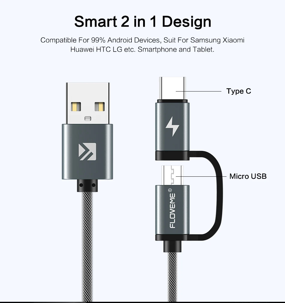 FLOVEME QC 3,0 Micro usb type-C кабель для Xiaomi Redmi Note 8 Pro 8 7 2 в 1 быстрый Micro USB кабель для samsung A50 A70 S10 S8 S9