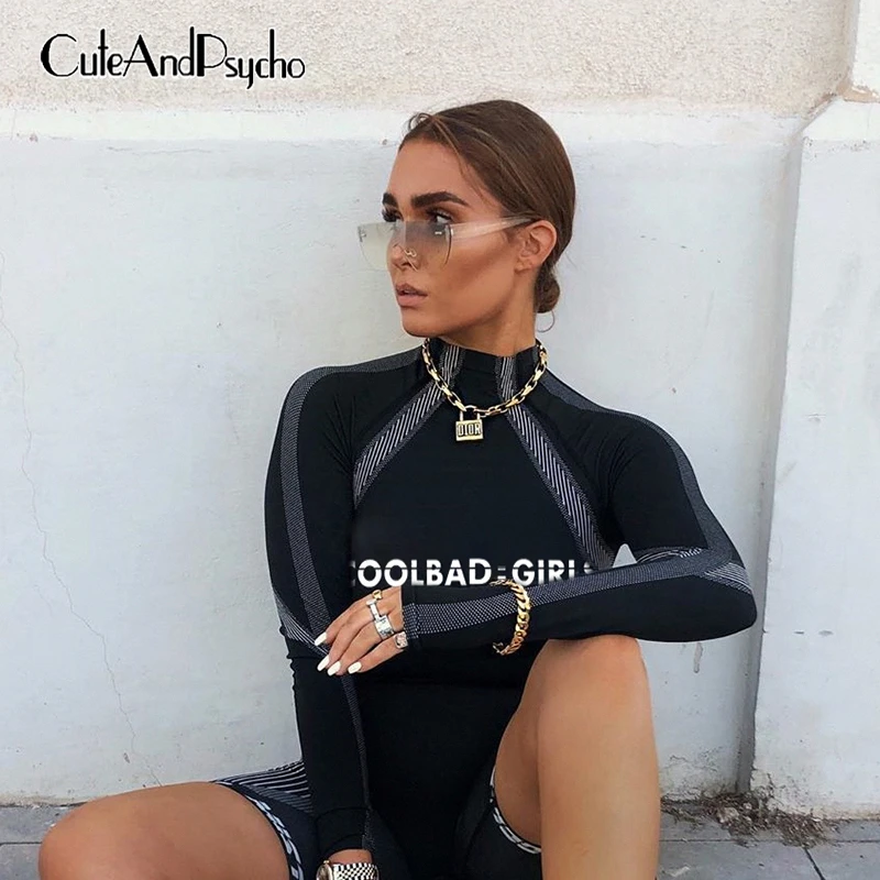 

O Neck Long Sleeve Printed Bodycon Bodysuits Womens Letter Skinny Sexy Rompers Black Jumpsuits Overalls Streetwear Cuteandpsycho