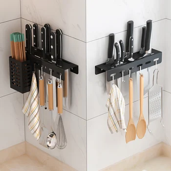 

Wall Mounted Kitchen Racks for Chopstick Dinnerware Pantry Stainless Black Shelf Storage Cutlery Holder Kitchen Knife Holder