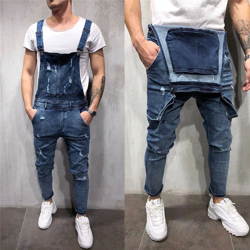 Высокое качество Для Мужчин's Рваные джинсы комбинезоны Марка NEW FASHION Hi Street рваные джинсовые Комбинезон для человек штаны с подтяжками Размеры XXXL джинсовые штаны - Цвет: Blue