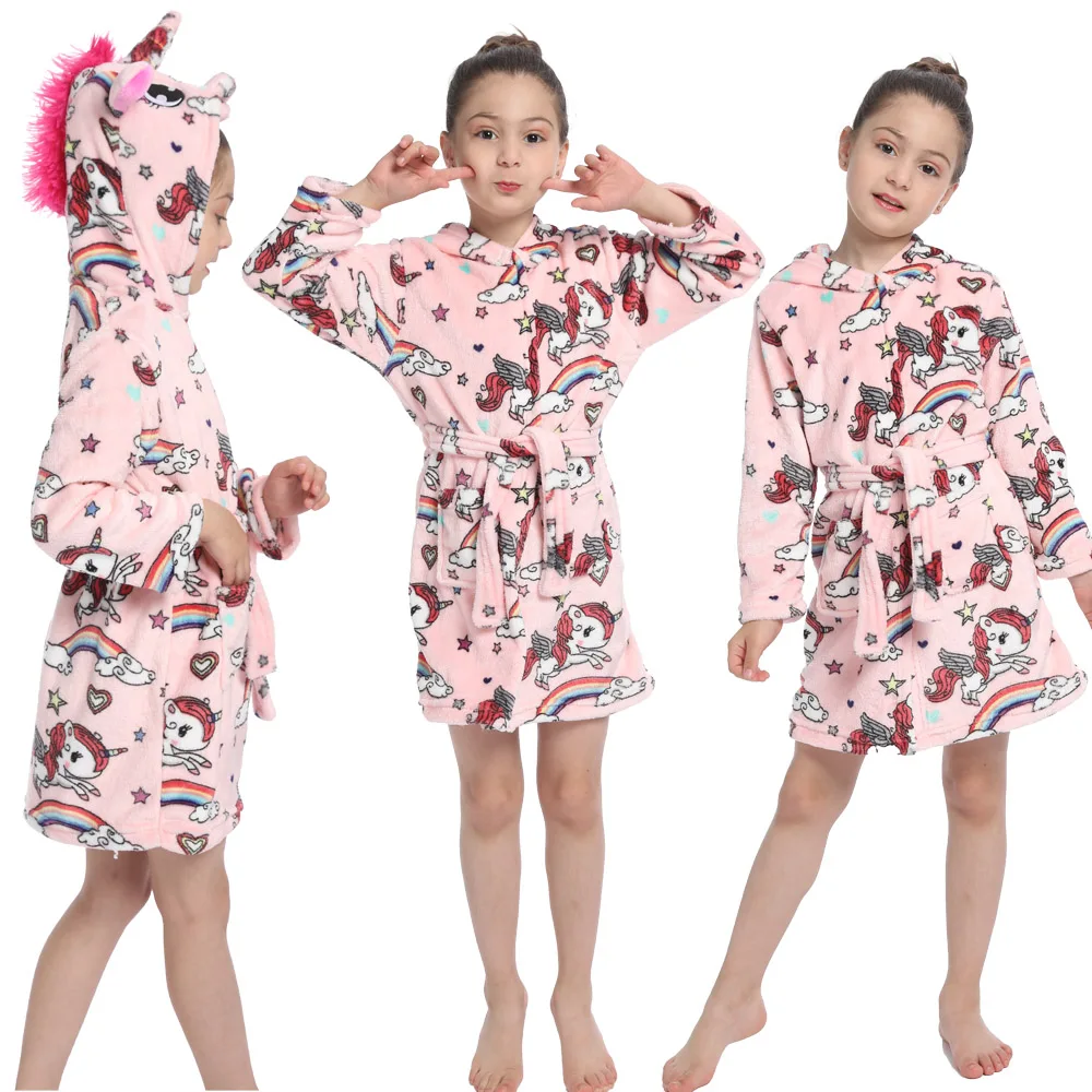 Winter Kigurumi Colorful Unicorn Hooded Children Bathrobes Kids Bath