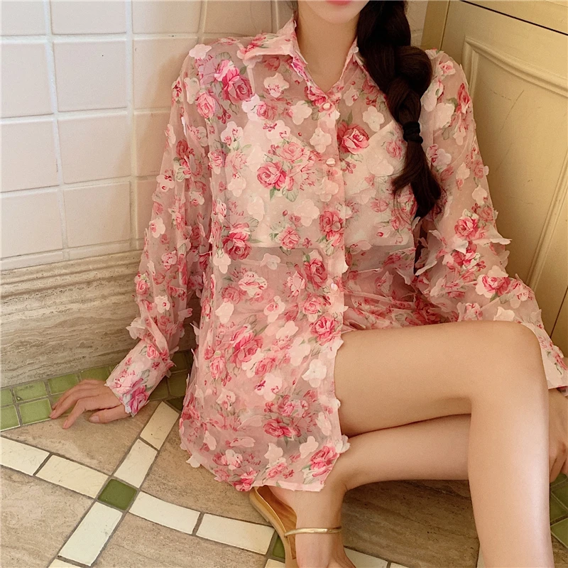 Sweet Fashion Chiffon 2 Piece Sets Women Summer Floral Blouse Loose Sun Proof Cardigan Tops High Waist Shorts Casual Chic Suit red lingerie set Women's Sets