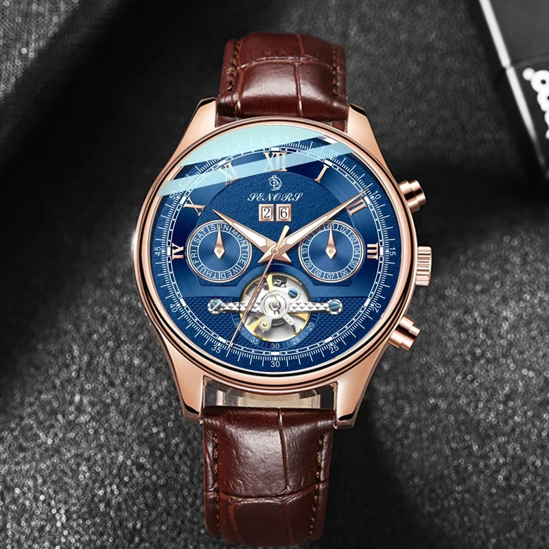 

SENORS Mechanical Skeleton Tourbillon Watch Men Automatic Moon Phase Watches Mechanical Wristwatch Reloj Hombre Auto Date Clocks