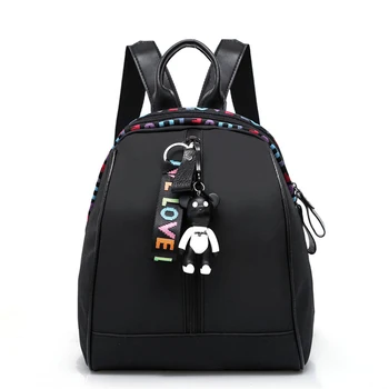 

Ladies Stylish Nylon Cloth Backpack Colorful Letter Webbing Zipper Travelling Bag Portable Large Capacity Bag with Bear Pendant