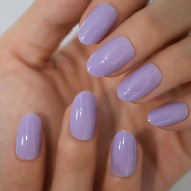 Color Nails UV Polish Oval Faux Nails Light Taro Purple Glossy Nail Artificial Tips with Gluetabs 24pcs