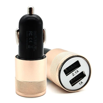 

Small Double Steel USB Car Charger Universal Mobile Phone Charging Flat Metal Head2.1A 220V Cigarette Lighter