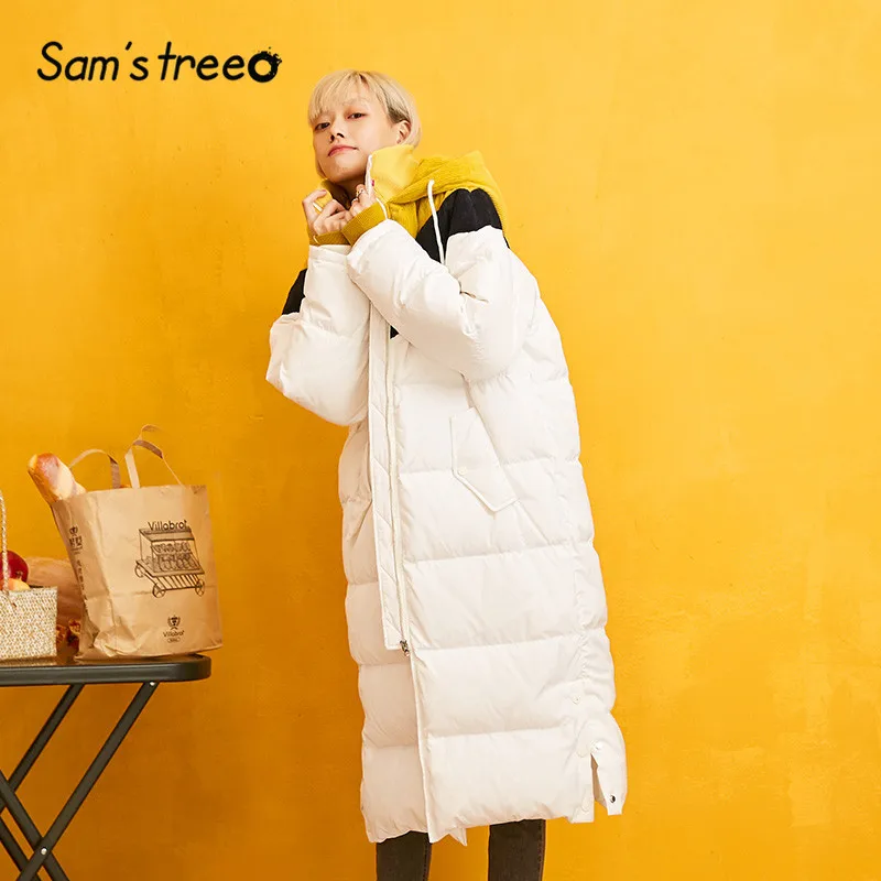 SAM'S TREE White Solid Patchwork Straight Hoodies Warmness Down Coat Women Winter Drawstring Split Oversive Female Outwears