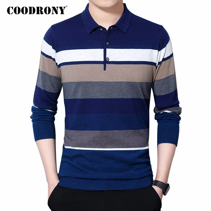 

COODRONY Brand Sweater Men Soft Wool Pullover Mens Striped Knitwear Shirt Spring Autumn Casual Turn-down Collar Pull Homme C1056
