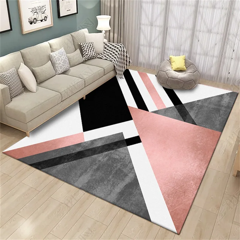 

Nordic style black pink color Parlor carpet geometric pattern bedroom plush rug non-slip floor mat custom made door mat