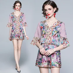 Conjunto de 2 piezas para mujer, pantalones cortos informales de un solo pecho con cuello redondo, con cinturón de diseñador, Camisa ajustada de manga corta, estampado para oficina, elegante e informal