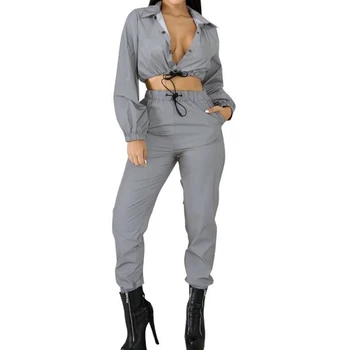 

Women Clothes Set Fashion Two Piece Sets Fashion Reflective Bodysuit Romper Casual Jumpsuit High Waist 2PCS Clothing Set