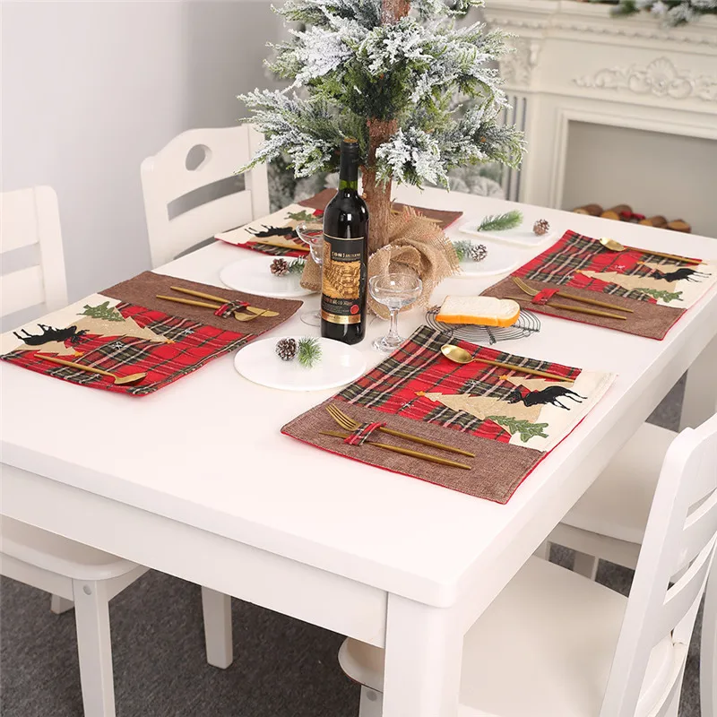 

2pcs Christmas Elk Small Tree Plaid Table Mat Cloth Tableware Pad Embroidery Cup Placemat Mug Drink Doilies For Xmas Home Decor