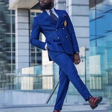 

YiMinpwp Blue Men Suits Peaked Lapel Double Breasted Prom Suits Blazer Jacket Men Tuxedos Groom Wedding Suits 2 Piece Coat+Pant