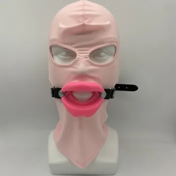 Slave Cosplay Fetish Obedient Open Mouth Gag Oral Sex Toys of Silicone Lips O Ring with Bdsm Bondage Hood Mask Erotic Accessory 4