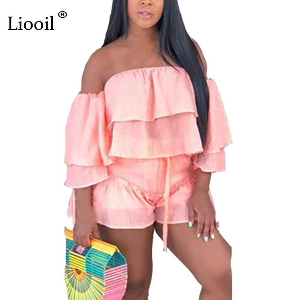 

Liooil Off Shoulder Sexy Party Two Piece Short Set For Women 2019 Summer Ruffle Top And Shorts Club Outfit Yellow Female Sets