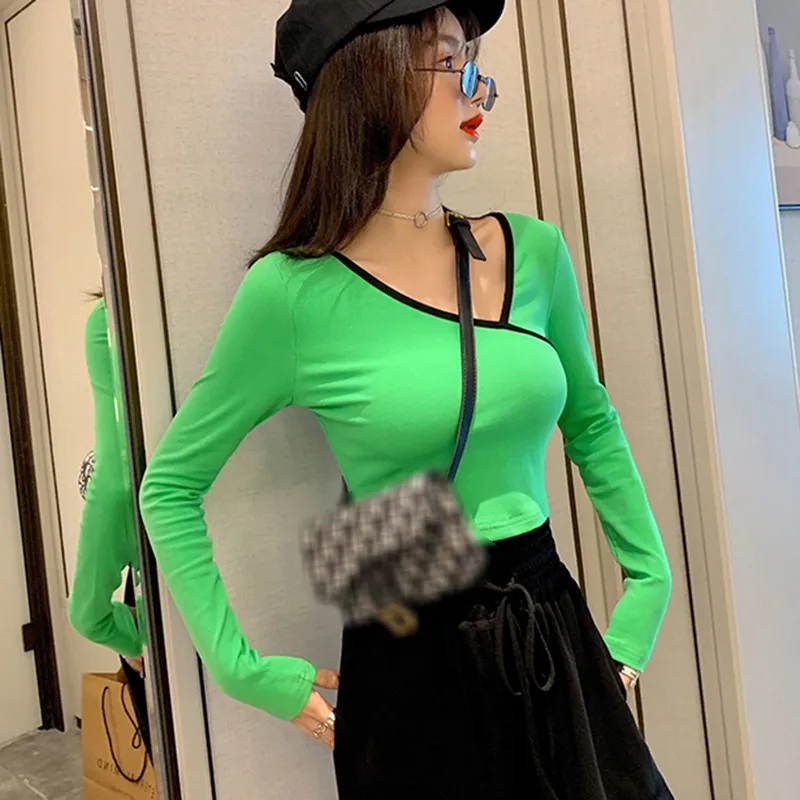 

Autumn And Winter Stitching Color T-shirt Irregular Neckline Long-sleeved Shirt Tight Short Exposure Belly Slim Bottoming