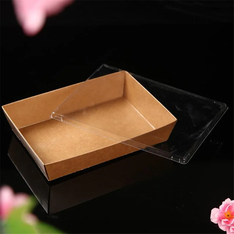 

25pcs Natural Brown Kraft Paper Box Gift Box Salad & Fruit Packaging Box Wedding Favors Candy Fast Food Box Bags With PET Cover